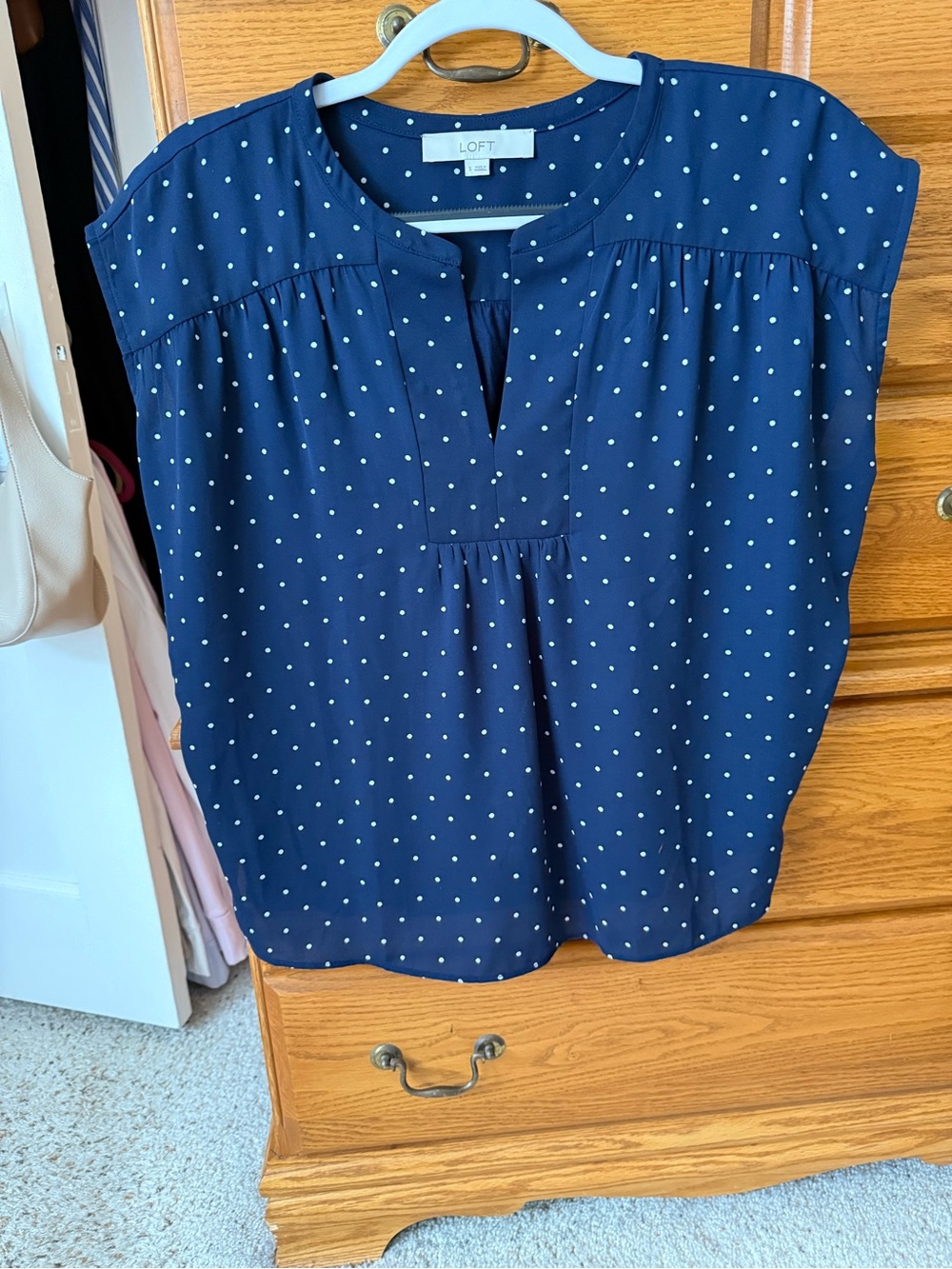 LOFT Navy Blue Polka Dot Split-Neck Blouse